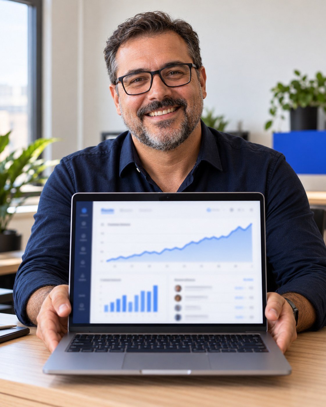 Dono de empresa de serviço olhando painel de crescimento